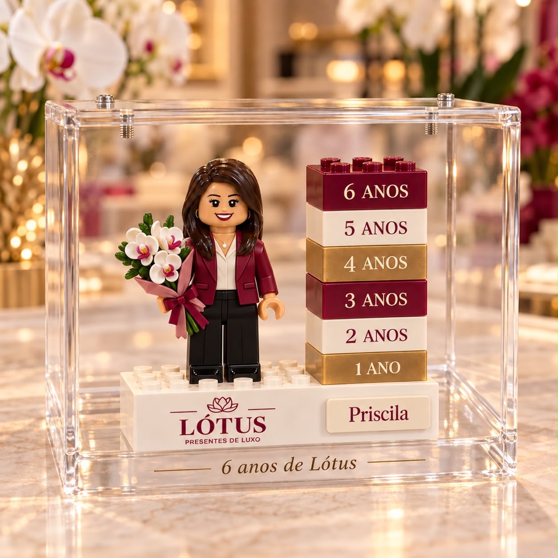 Bonequinho de blocos de montar da Priscila, com buquê de orquídeas, ao lado de uma pilha de blocos de 1 a 6 anos, numa caixa de acrílico com a marca Lótus Presentes de Luxo