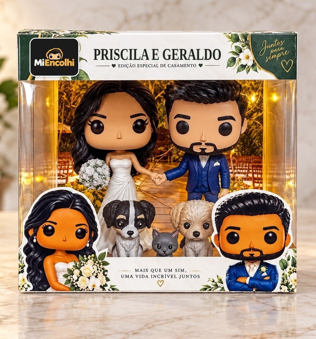 Caixa de casamento com os bonecos dos noivos Priscila e Geraldo de mãos dadas, ela de vestido branco com buquê e ele de terno azul, com dois cachorros e um gato