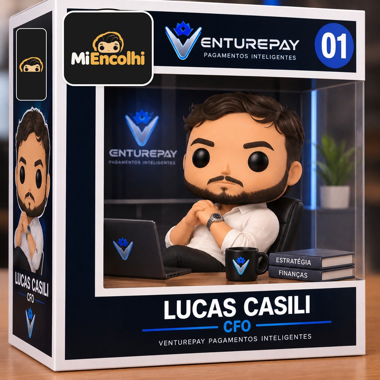 Caixa da VenturePay com o boneco de Lucas Casili, CFO, sentado à mesa com notebook, caneca e livros